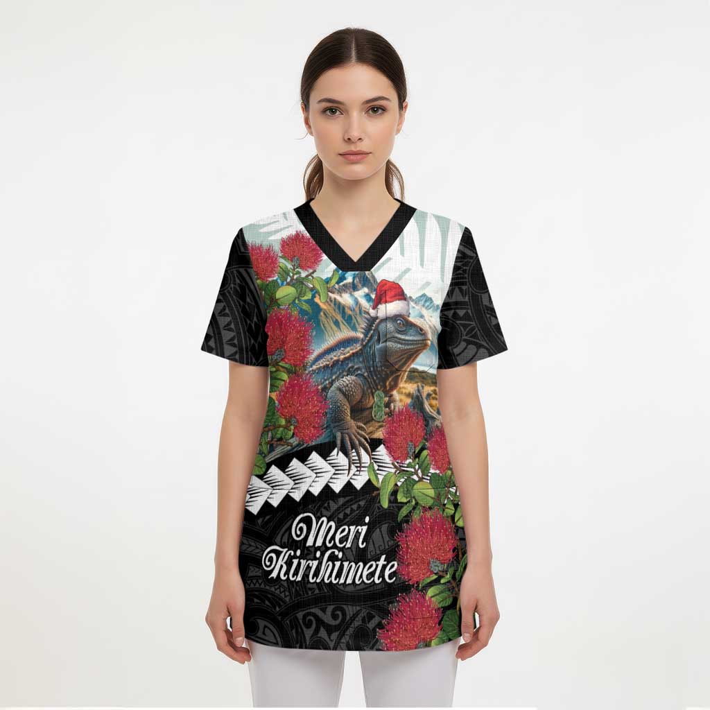 Meri Kirihimete Tuatara Scrub Top New Zealand Fern with Puhutukawa Flowers - Aussie Hoodie