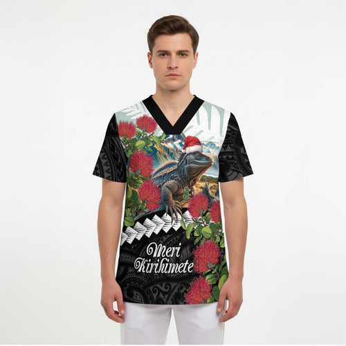 Meri Kirihimete Tuatara Scrub Top New Zealand Fern with Puhutukawa Flowers - Aussie Hoodie