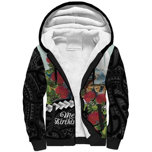 Meri Kirihimete Tuatara Sherpa Hoodie New Zealand Fern with Puhutukawa Flowers