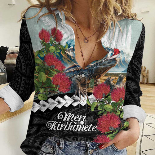 Meri Kirihimete Tuatara Women Casual Shirt New Zealand Fern with Puhutukawa Flowers