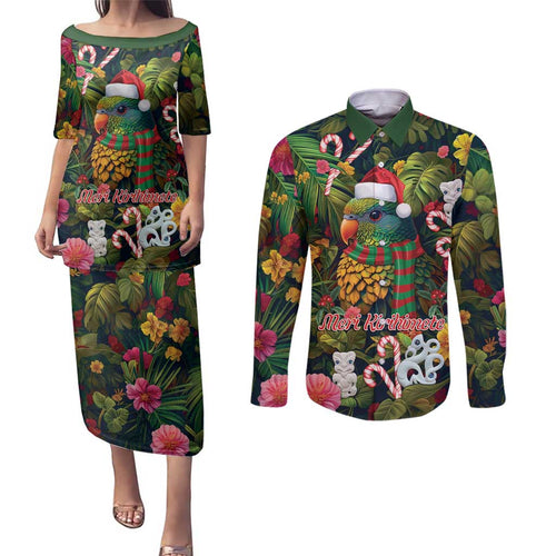 Meri Kirihimete Kakapo Santa Couples Matching Puletasi and Long Sleeve Button Shirt Merry Christmas with Tropical Vibe