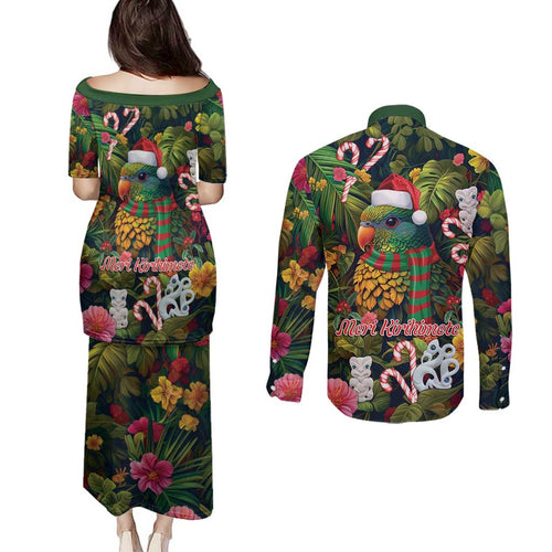 Meri Kirihimete Kakapo Santa Couples Matching Puletasi and Long Sleeve Button Shirt Merry Christmas with Tropical Vibe
