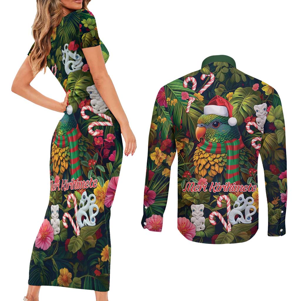 Meri Kirihimete Kakapo Santa Couples Matching Short Sleeve Bodycon Dress and Long Sleeve Button Shirt Merry Christmas with Tropical Vibe