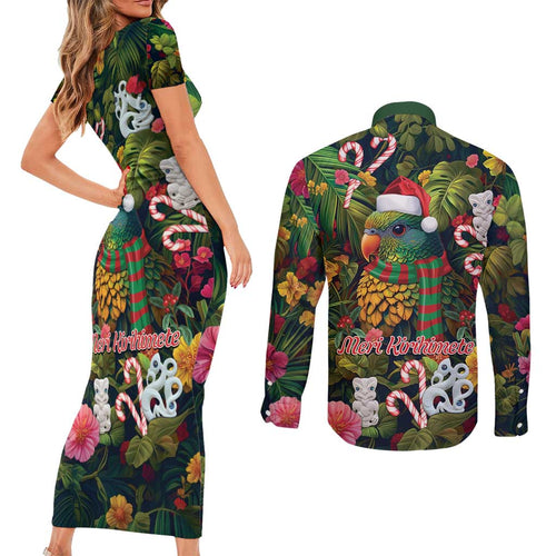 Meri Kirihimete Kakapo Santa Couples Matching Short Sleeve Bodycon Dress and Long Sleeve Button Shirt Merry Christmas with Tropical Vibe