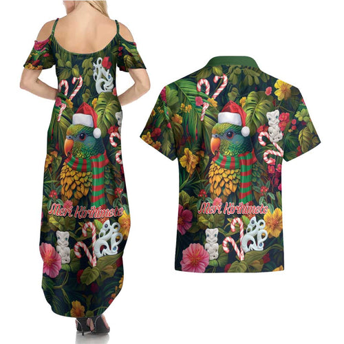 Meri Kirihimete Kakapo Santa Couples Matching Summer Maxi Dress and Hawaiian Shirt Merry Christmas with Tropical Vibe