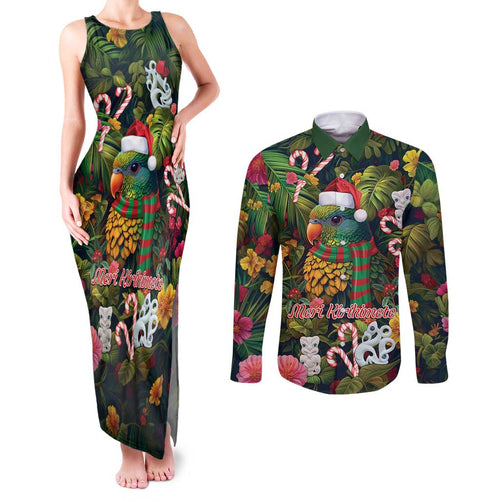 Meri Kirihimete Kakapo Santa Couples Matching Tank Maxi Dress and Long Sleeve Button Shirt Merry Christmas with Tropical Vibe