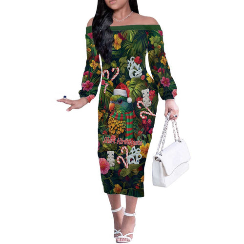 Meri Kirihimete Kakapo Santa Family Matching Off The Shoulder Long Sleeve Dress and Hawaiian Shirt Merry Christmas with Tropical Vibe