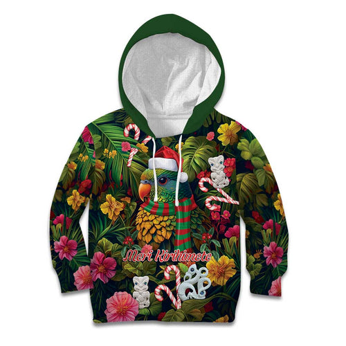 Meri Kirihimete Kakapo Santa Kid Hoodie Merry Christmas with Tropical Vibe