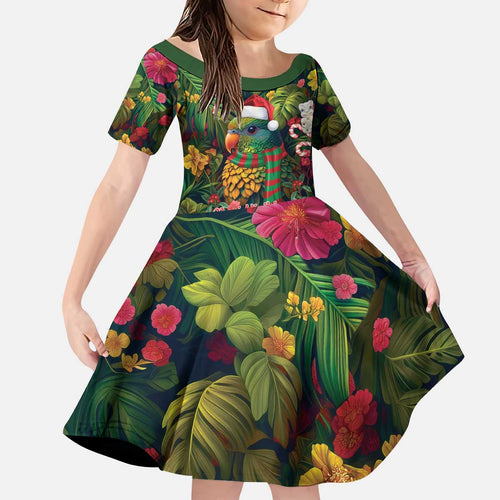 Meri Kirihimete Kakapo Santa Kid Short Sleeve Dress Merry Christmas with Tropical Vibe