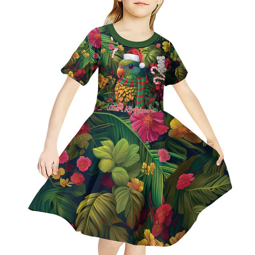 Meri Kirihimete Kakapo Santa Kid Short Sleeve Dress Merry Christmas with Tropical Vibe