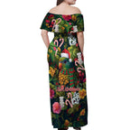 Meri Kirihimete Kakapo Santa Off Shoulder Maxi Dress Merry Christmas with Tropical Vibe