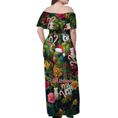 Meri Kirihimete Kakapo Santa Off Shoulder Maxi Dress Merry Christmas with Tropical Vibe