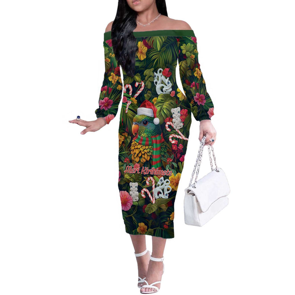 Meri Kirihimete Kakapo Santa Off The Shoulder Long Sleeve Dress Merry Christmas with Tropical Vibe