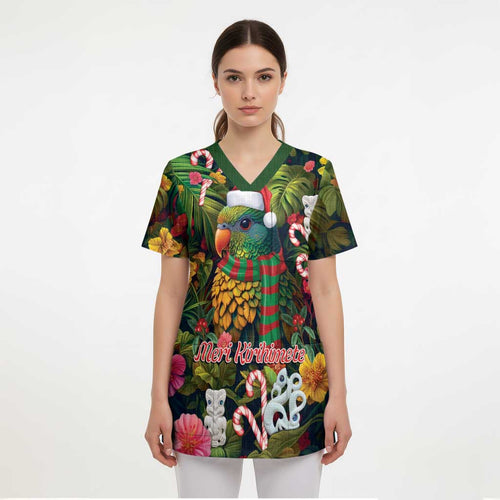 Meri Kirihimete Kakapo Santa Scrub Top Merry Christmas with Tropical Vibe - Aussie Hoodie