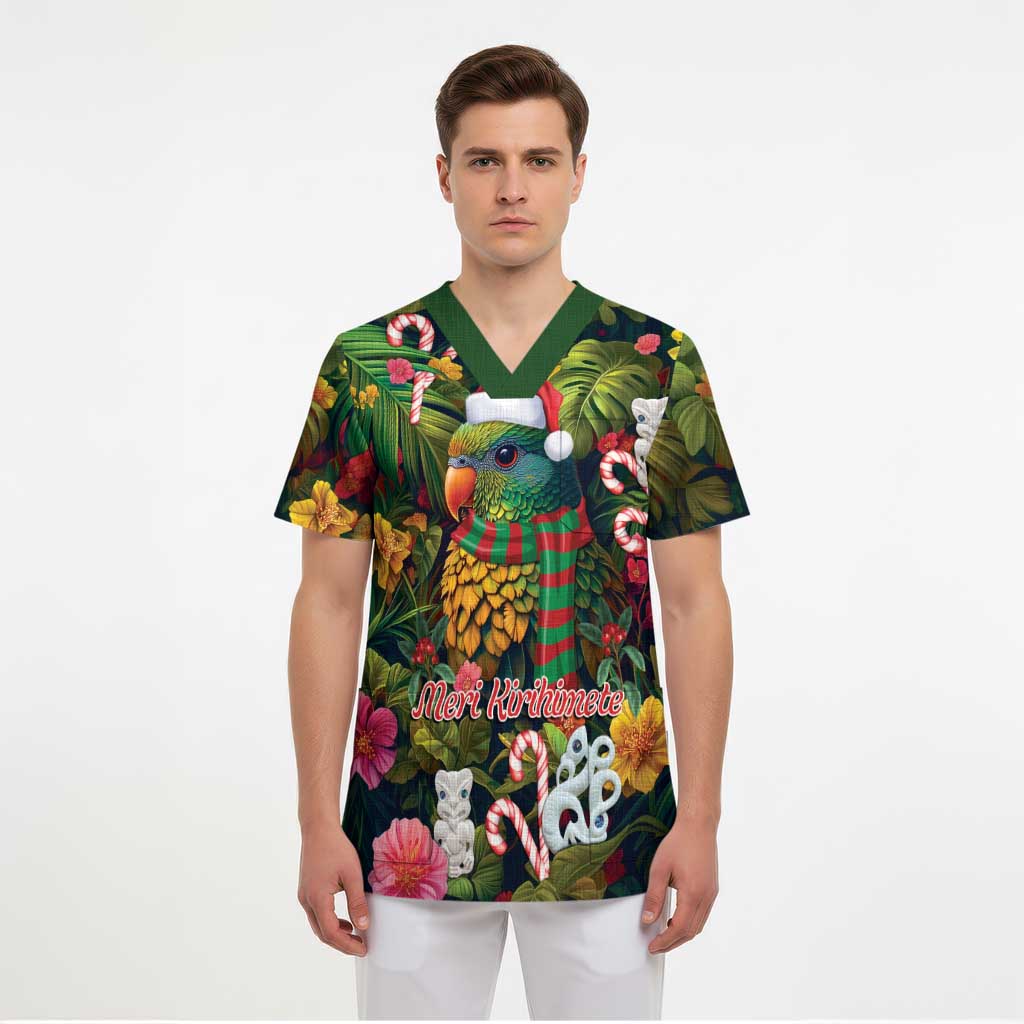 Meri Kirihimete Kakapo Santa Scrub Top Merry Christmas with Tropical Vibe - Aussie Hoodie