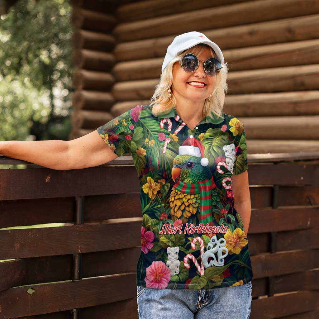 Meri Kirihimete Kakapo Santa Women Polo Shirt Merry Christmas with Tropical Vibe
