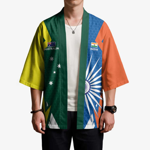 India vs Australia Custom Kimono Blue vs Gold Cricket Heritage - Aussie Hoodie