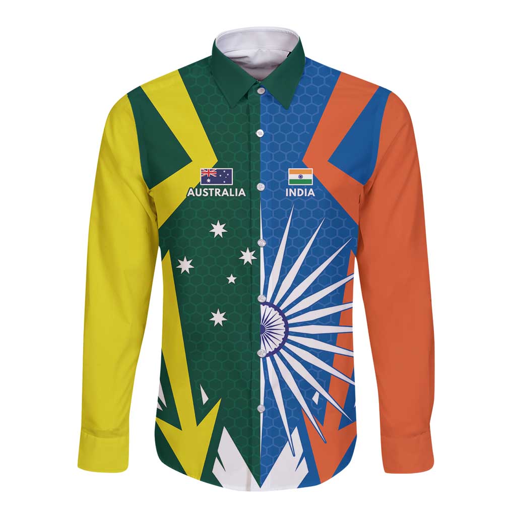 India vs Australia Custom Long Sleeve Button Shirt Blue vs Gold Cricket Heritage - Aussie Hoodie