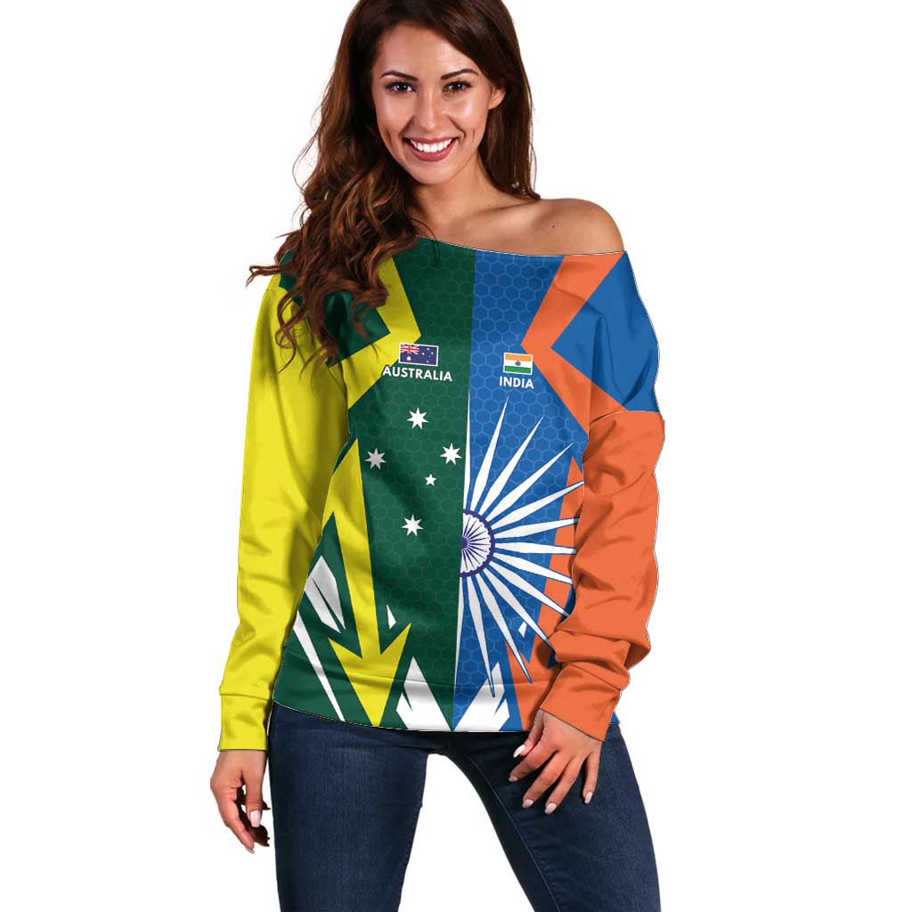 India vs Australia Custom Off Shoulder Sweater Blue vs Gold Cricket Heritage - Aussie Hoodie
