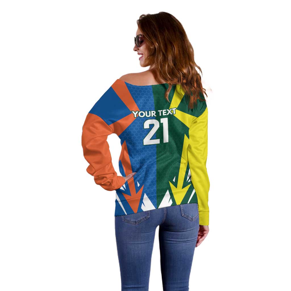 India vs Australia Custom Off Shoulder Sweater Blue vs Gold Cricket Heritage - Aussie Hoodie