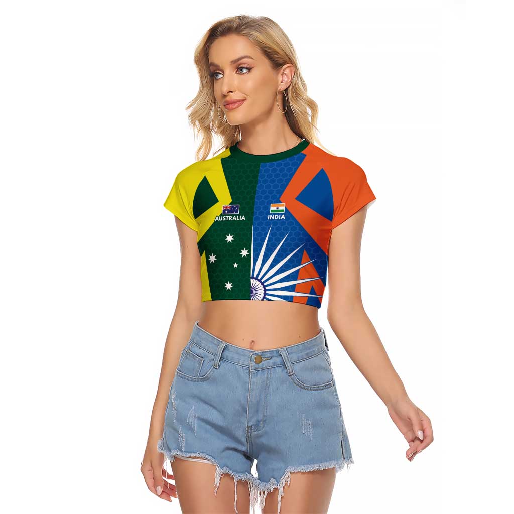 India vs Australia Custom Raglan Cropped T Shirt Blue vs Gold Cricket Heritage - Aussie Hoodie