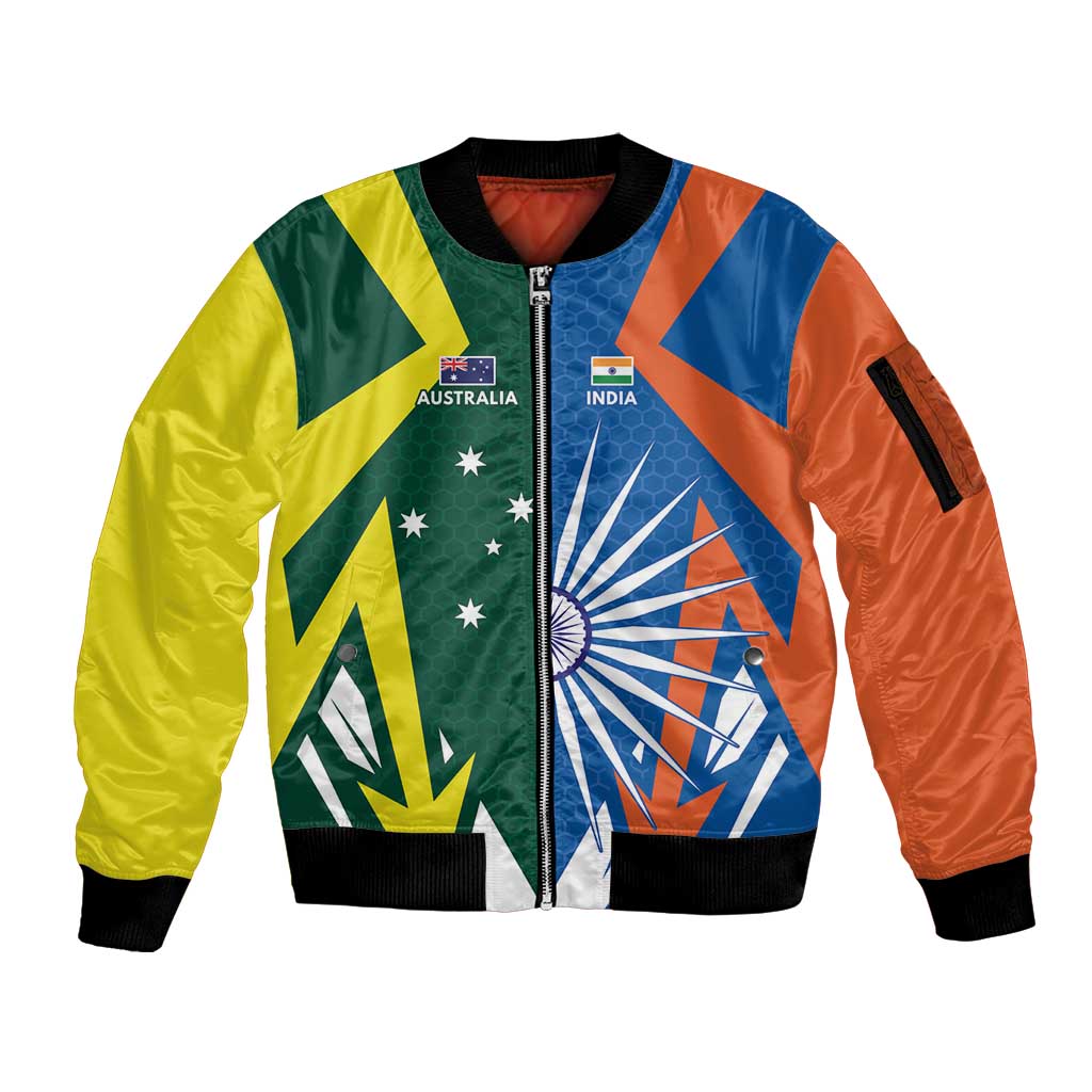 India vs Australia Custom Sleeve Zip Bomber Jacket Blue vs Gold Cricket Heritage - Aussie Hoodie
