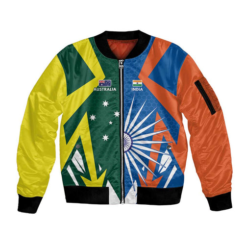 India vs Australia Custom Sleeve Zip Bomber Jacket Blue vs Gold Cricket Heritage - Aussie Hoodie