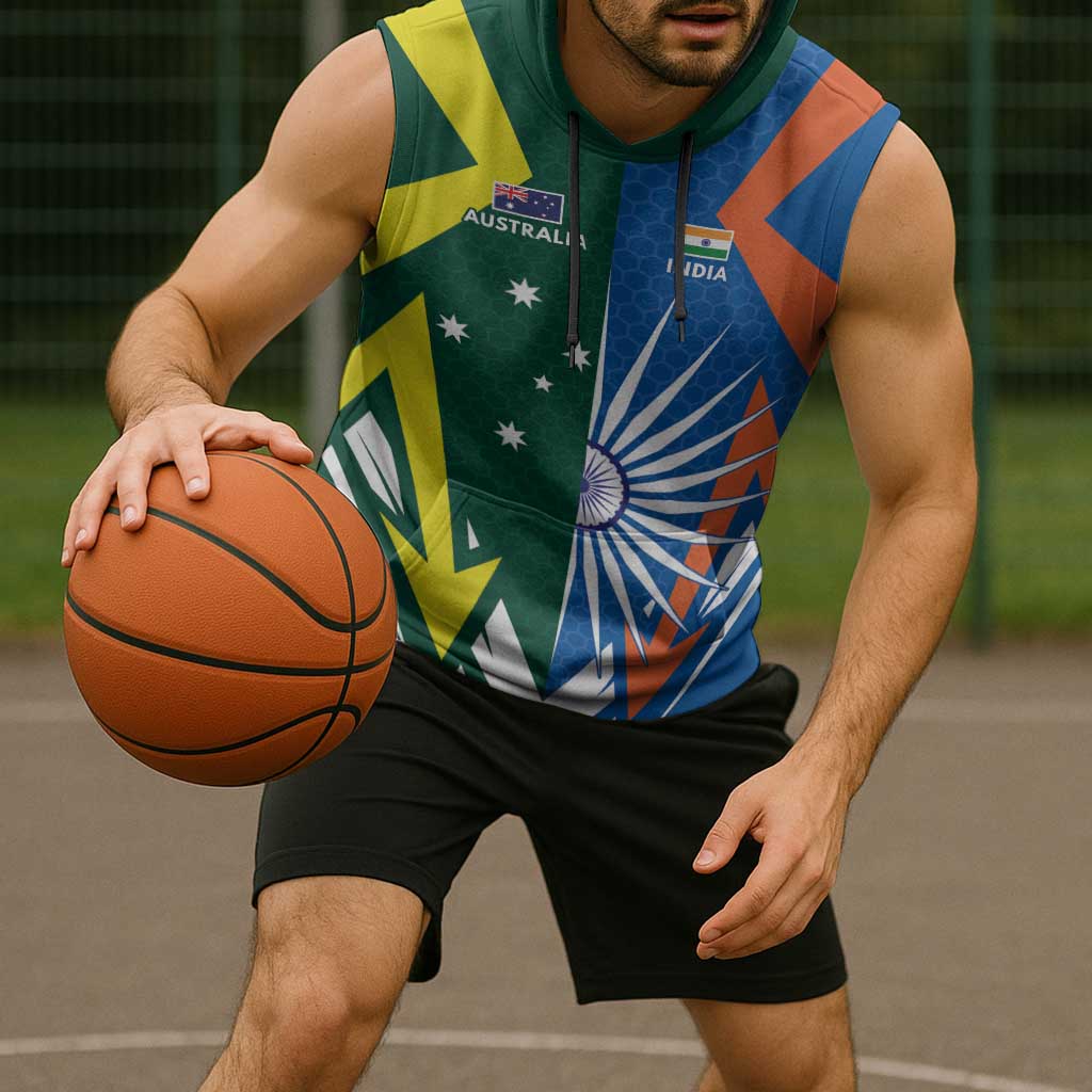 India vs Australia Custom Sleeveless Hoodie Blue vs Gold Cricket Heritage - Aussie Hoodie