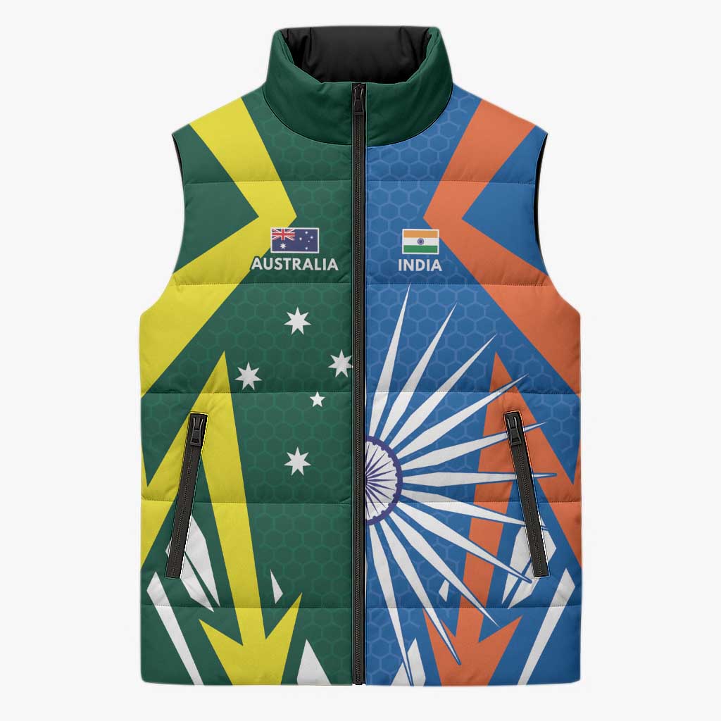 India vs Australia Custom Sleeveless Puffer Jacket Blue vs Gold Cricket Heritage - Aussie Hoodie