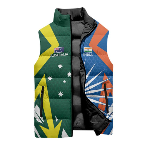 India vs Australia Custom Sleeveless Puffer Jacket Blue vs Gold Cricket Heritage - Aussie Hoodie
