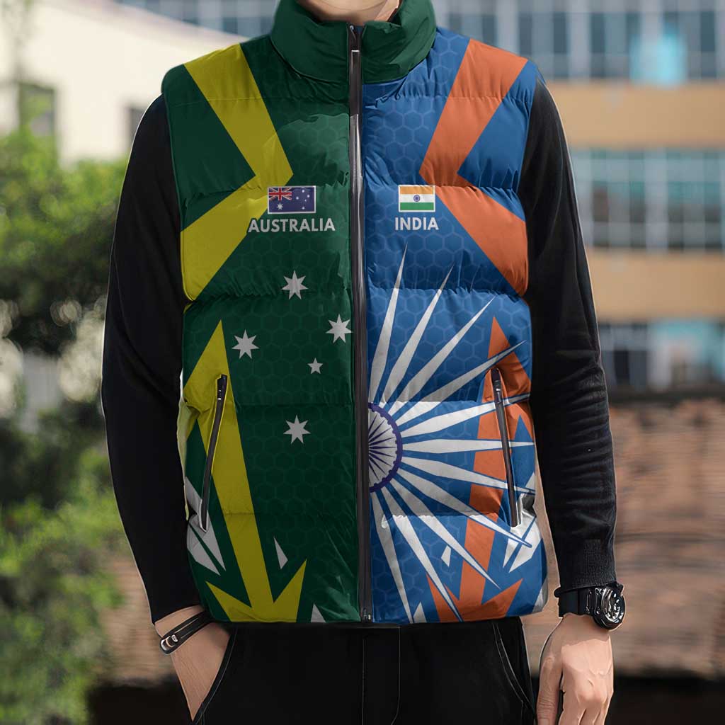 India vs Australia Custom Sleeveless Puffer Jacket Blue vs Gold Cricket Heritage - Aussie Hoodie