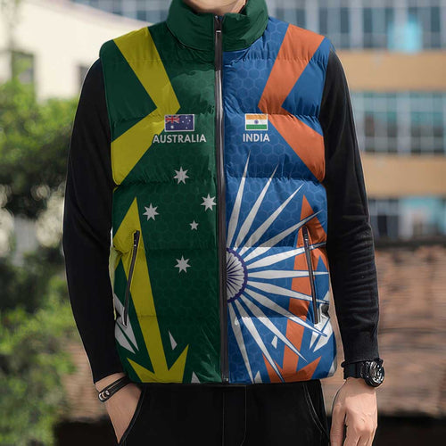 India vs Australia Custom Sleeveless Puffer Jacket Blue vs Gold Cricket Heritage - Aussie Hoodie