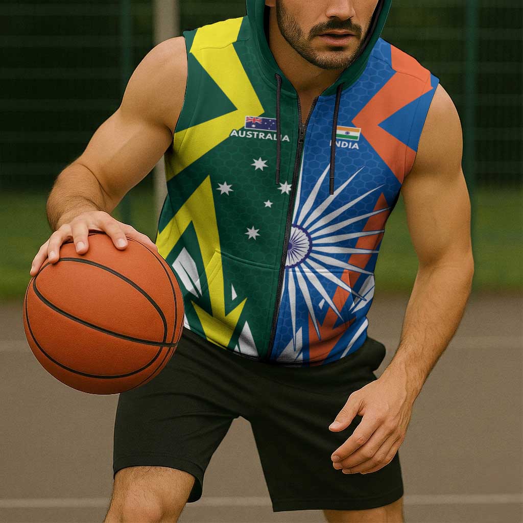 India vs Australia Custom Sleeveless Zip Hoodie Blue vs Gold Cricket Heritage LT9