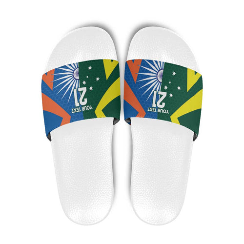 India vs Australia Custom Slide Sandals Blue vs Gold Cricket Heritage - Aussie Hoodie