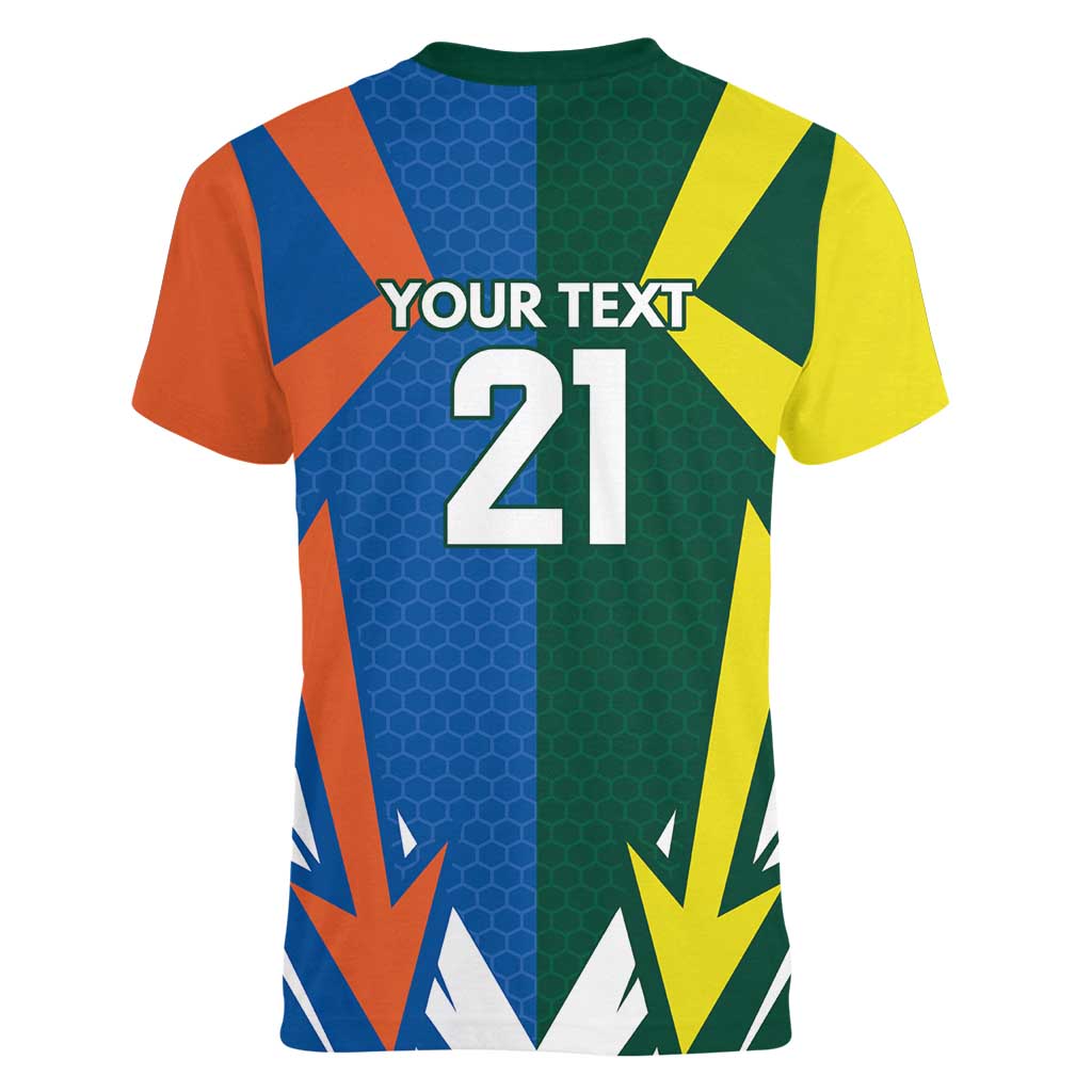 India vs Australia Custom Women V-Neck T-Shirt Blue vs Gold Cricket Heritage - Aussie Hoodie