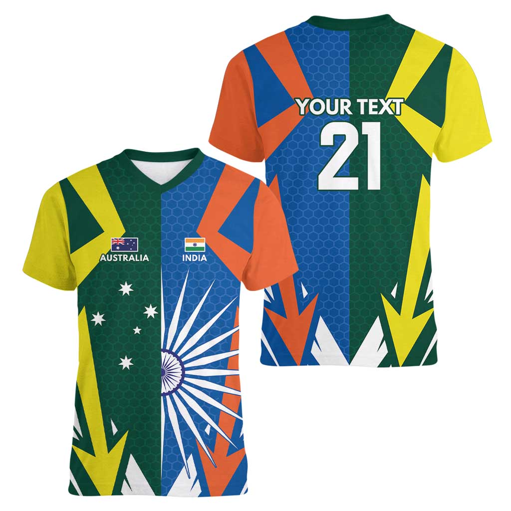 India vs Australia Custom Women V-Neck T-Shirt Blue vs Gold Cricket Heritage - Aussie Hoodie