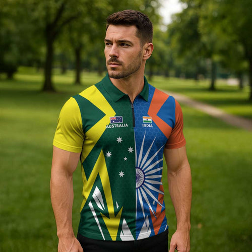 India vs Australia Custom Zipper Polo Shirt Blue vs Gold Cricket Heritage - Aussie Hoodie