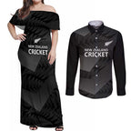 New Zealand Cricket Custom Couples Matching Off Shoulder Maxi Dress and Long Sleeve Button Shirt Potae Pango Black Fern Pattern