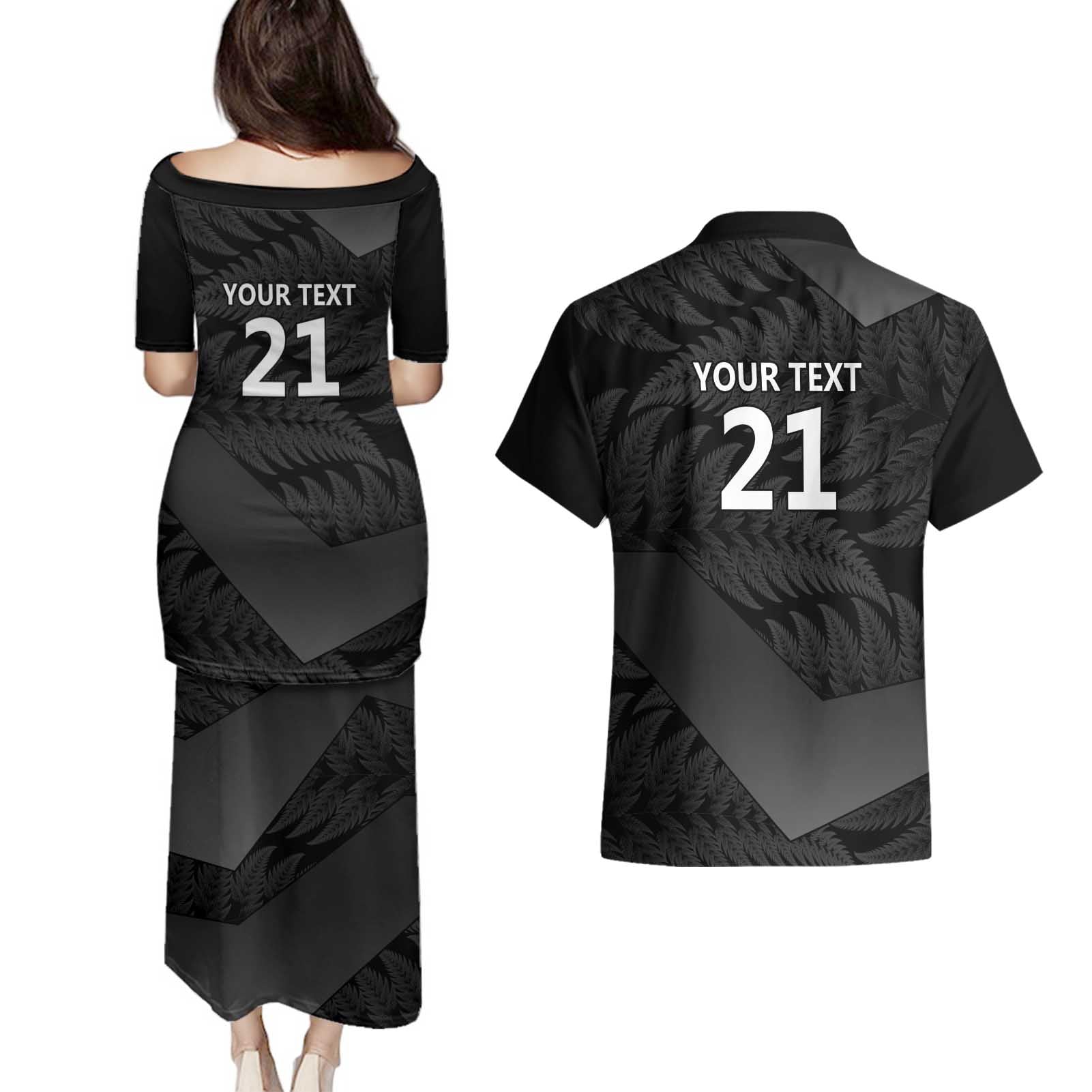 New Zealand Cricket Custom Couples Matching Puletasi and Hawaiian Shirt Potae Pango Black Fern Pattern