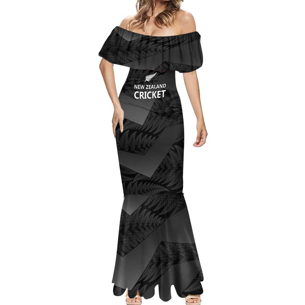 New Zealand Cricket Custom Mermaid Dress Potae Pango Black Fern Pattern