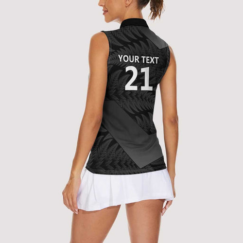 New Zealand Cricket Custom Women Sleeveless Polo Shirt Potae Pango Black Fern Pattern