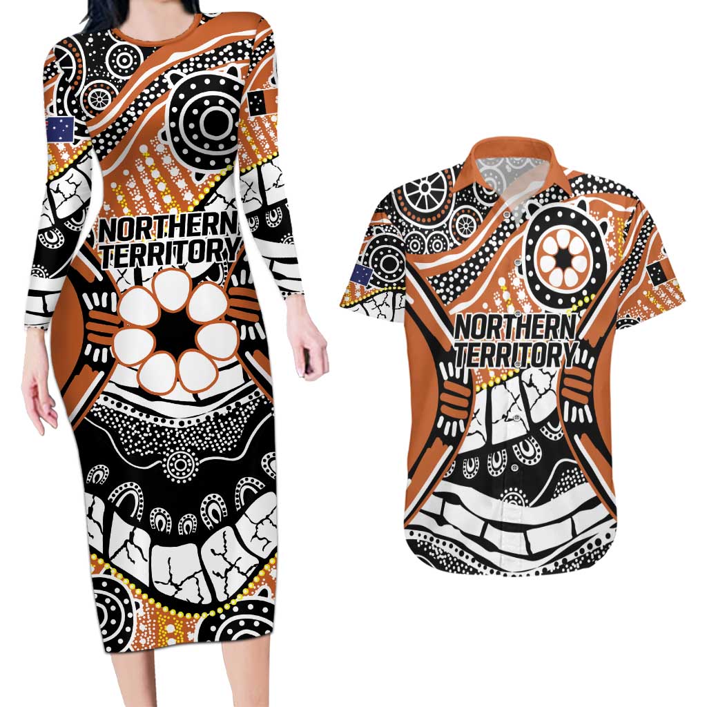 Australian Northern Territory Couples Matching Long Sleeve Bodycon Dress and Hawaiian Shirt Aboriginal with Sturt's Desert Rose