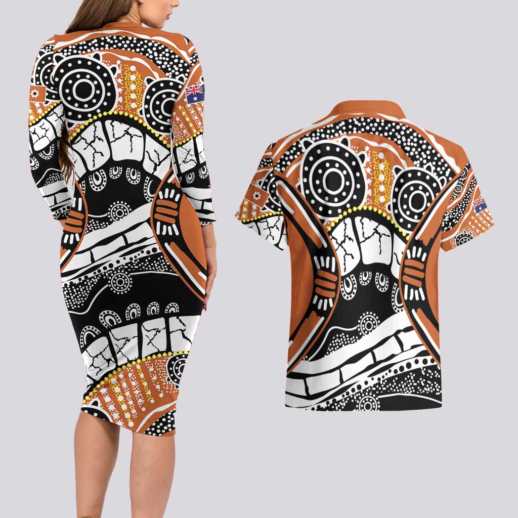 Australian Northern Territory Couples Matching Long Sleeve Bodycon Dress and Hawaiian Shirt Aboriginal with Sturt's Desert Rose