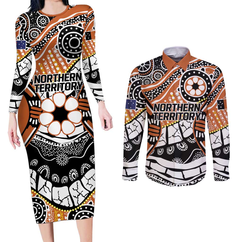 Australian Northern Territory Couples Matching Long Sleeve Bodycon Dress and Long Sleeve Button Shirt Aboriginal with Sturt's Desert Rose
