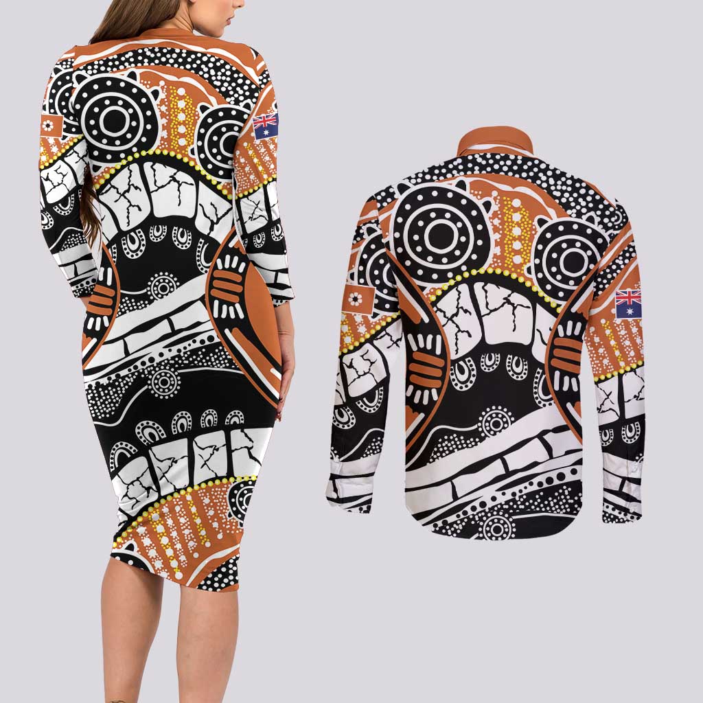 Australian Northern Territory Couples Matching Long Sleeve Bodycon Dress and Long Sleeve Button Shirt Aboriginal with Sturt's Desert Rose