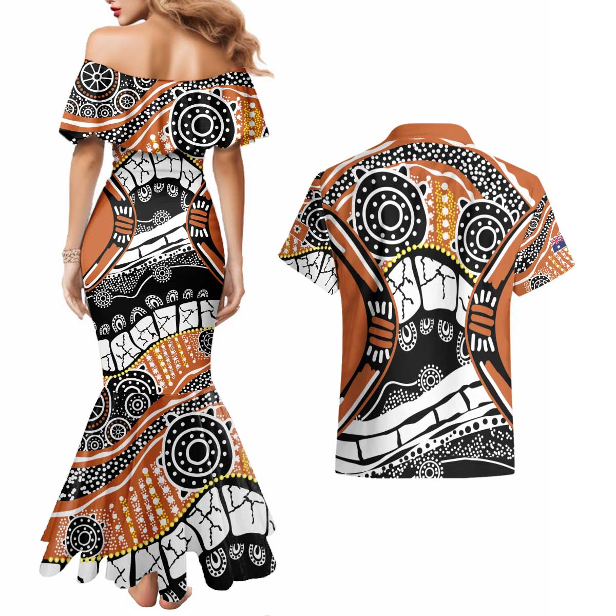 Australian Northern Territory Couples Matching Mermaid Dress and Hawaiian Shirt Aboriginal with Sturt's Desert Rose