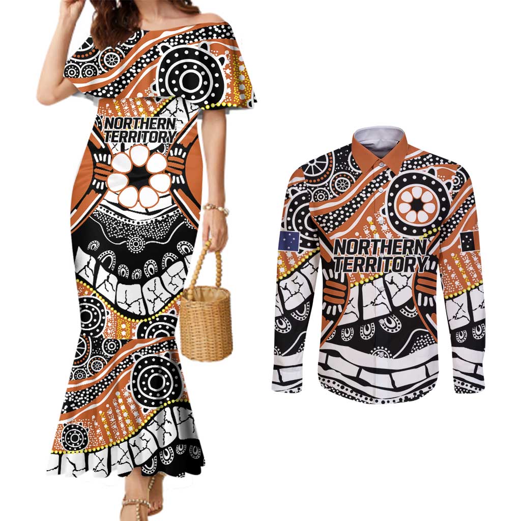 Australian Northern Territory Couples Matching Mermaid Dress and Long Sleeve Button Shirt Aboriginal with Sturt's Desert Rose