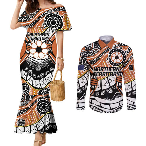 Australian Northern Territory Couples Matching Mermaid Dress and Long Sleeve Button Shirt Aboriginal with Sturt's Desert Rose