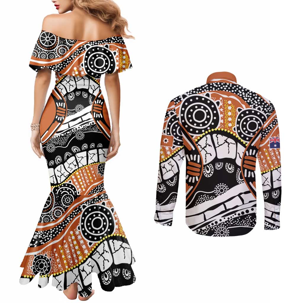 Australian Northern Territory Couples Matching Mermaid Dress and Long Sleeve Button Shirt Aboriginal with Sturt's Desert Rose