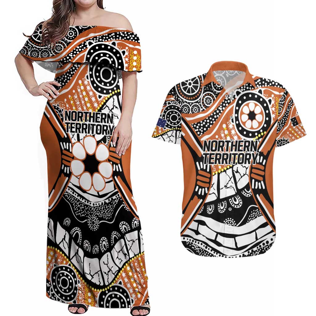 Australian Northern Territory Couples Matching Off Shoulder Maxi Dress and Hawaiian Shirt Aboriginal with Sturt's Desert Rose